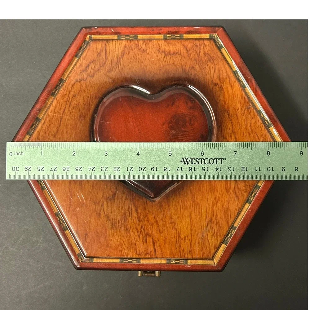 Vintage Music Jewelry Box Inlaid Heart Hexagon Hinged Lid with Mirror 8.5x7.5x3